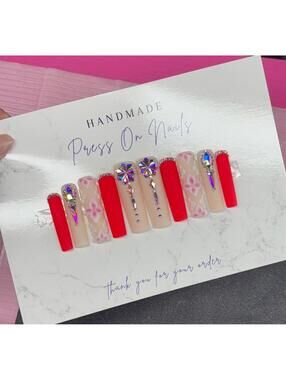 Extra long square press on nails red matte acrylic flowers pink nude rhinestones